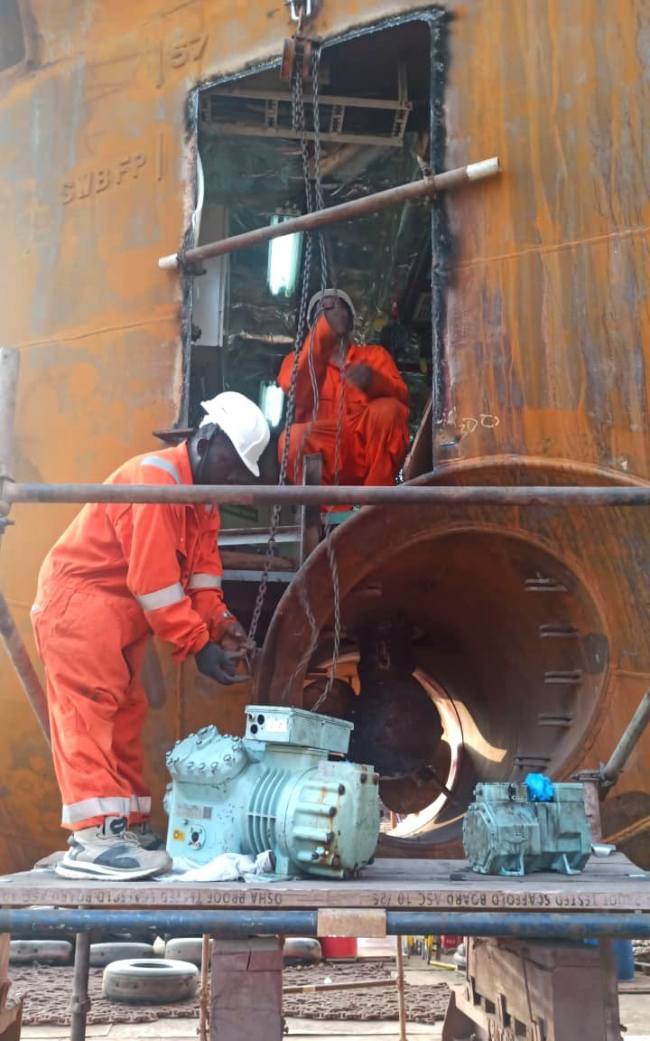 HVAC compressor change-out through a hull opening on Rawabi 404