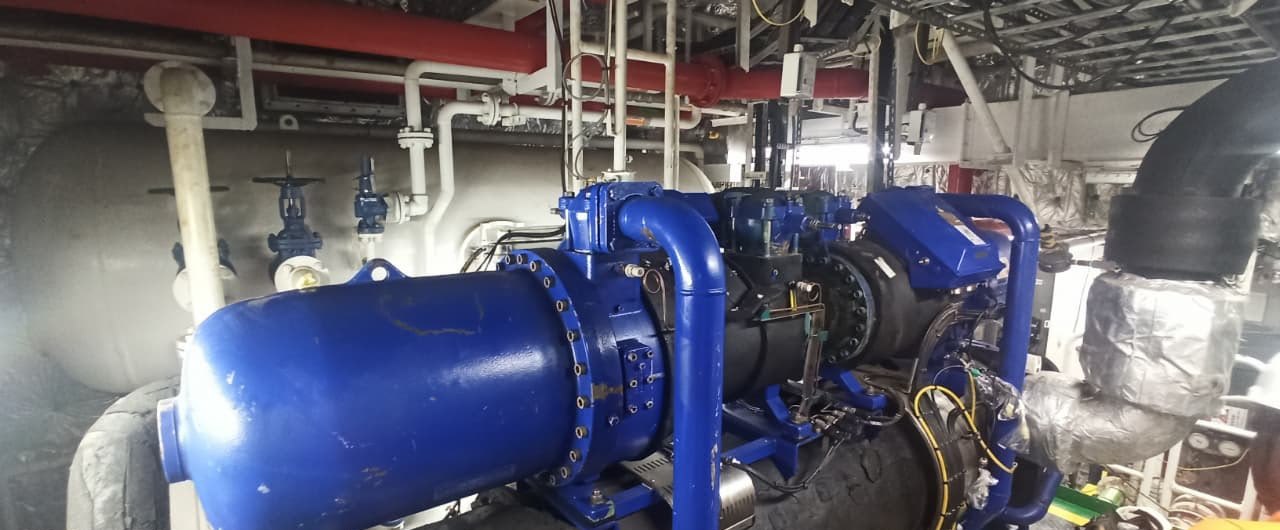 Screw chiller in the plant room serviced by TOTS for Zakher Marine